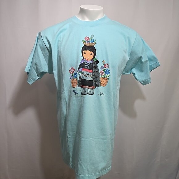 VTG Native American Flower Girl Teal Single Stitch Size Large de Grazia - Picture 1 of 8